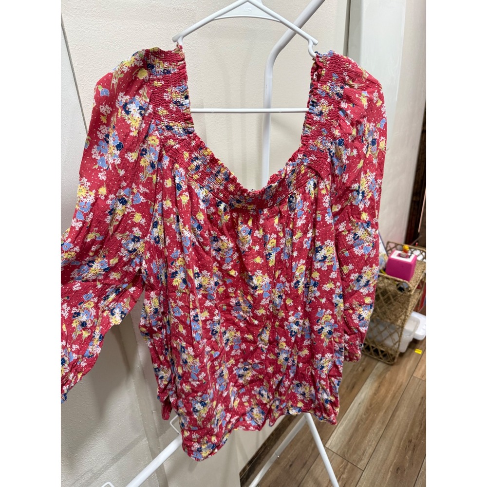 Cottagecore Cute Casual Comfy Work Red 3X Floral Smocked Plus Size Chaps Denim